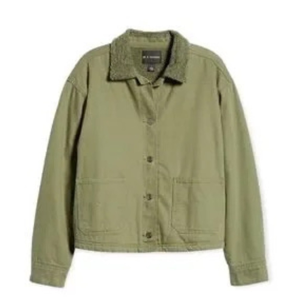 BP Wildfang Olive Green Faux Sherpa Collar Lined Button Front Jacket Chore NEW - Picture 13 of 14